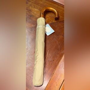 Christian Dior Umbrella Wooden Handle Gold Beige Folding Compact New W/ Tags
